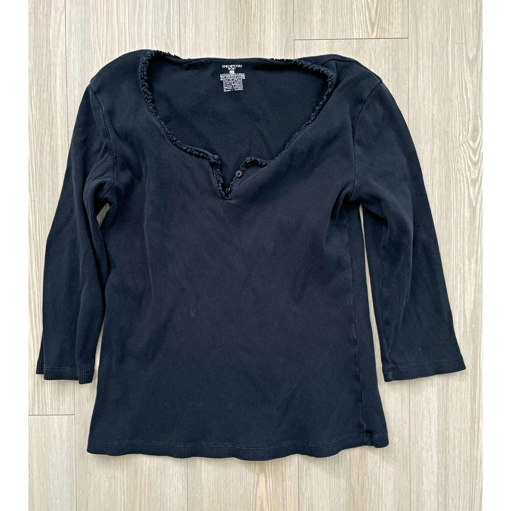Jones New York Sport Women's Black Cotton Knit Henley 3/4 Sleeve Top Sz M Lace